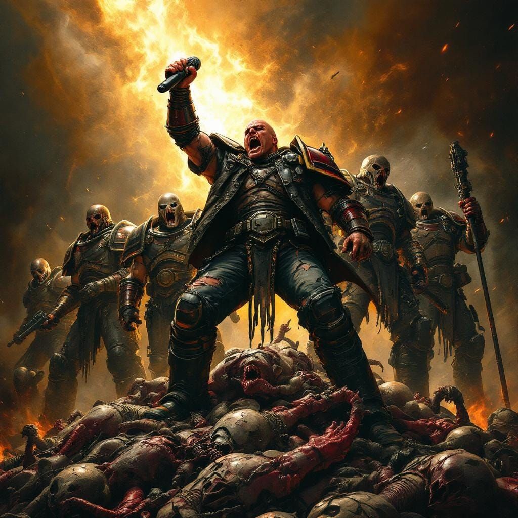 Victorious Space Marines with Singer, in Dark Comic Style