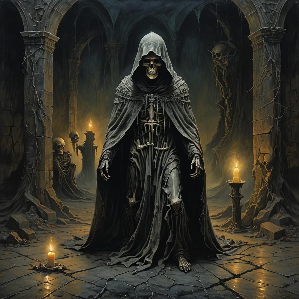 Gothic Surrealism: Skeletal Figure Dancing in Candlelight