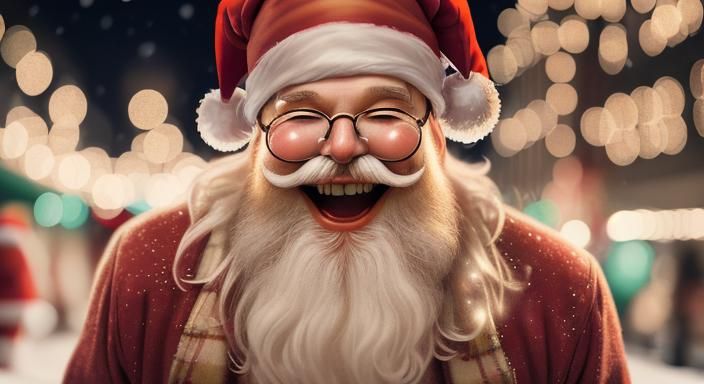 Hyperrealistic Hipster Santa Laughs in Holiday Lights