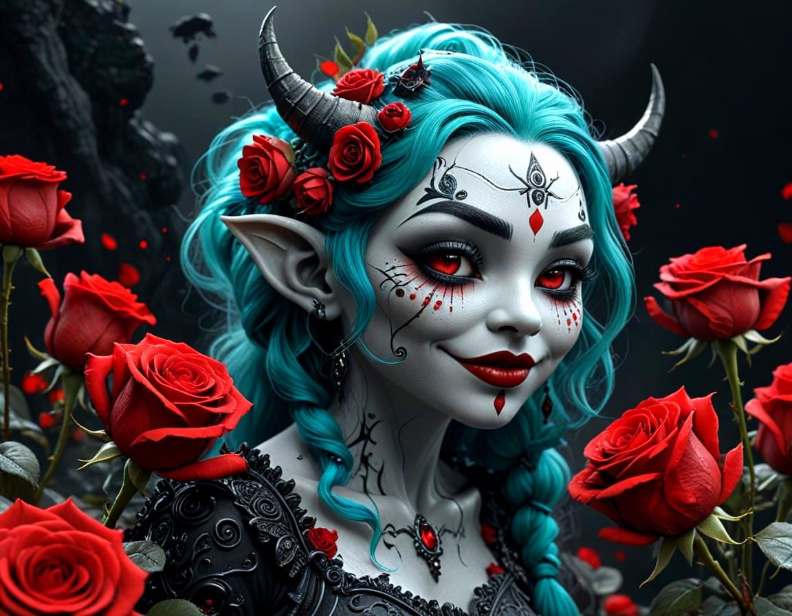 Chibi Troll Sniffs Roses: Graphite Pencil Art