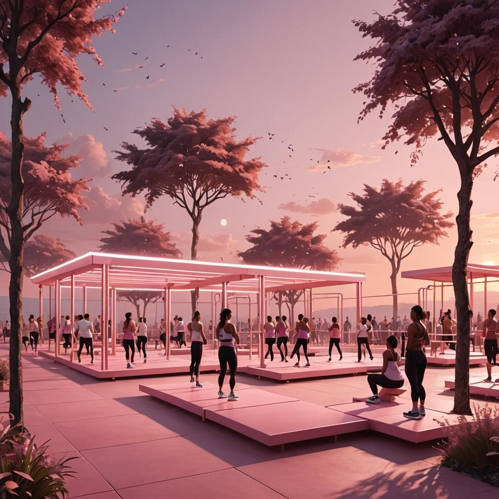 Ethereal Pink Sunset Workout: Conceptual Open-Air Gym