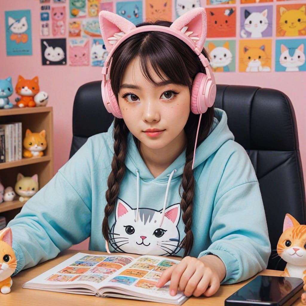 Kawaii High School Girl in Cat Onesie