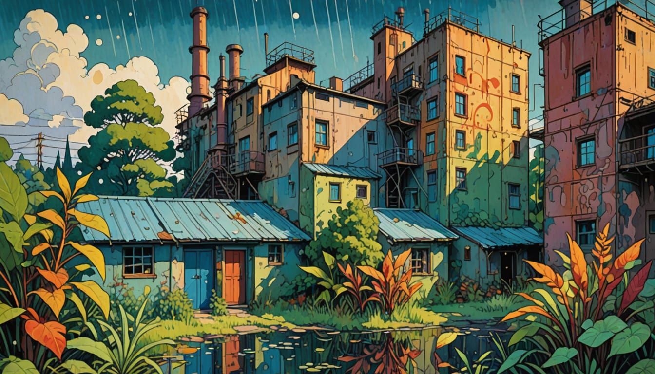 Abandoned Factory with Graffiti and Plants in Retro Comic St...