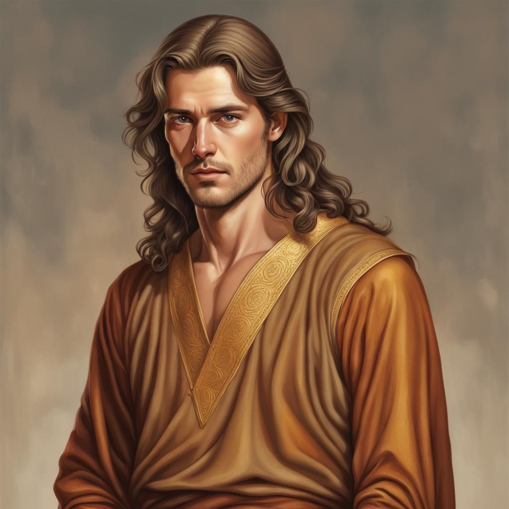 Golden-Eyed Man in Tunic: Hyper-Realistic Digital Art