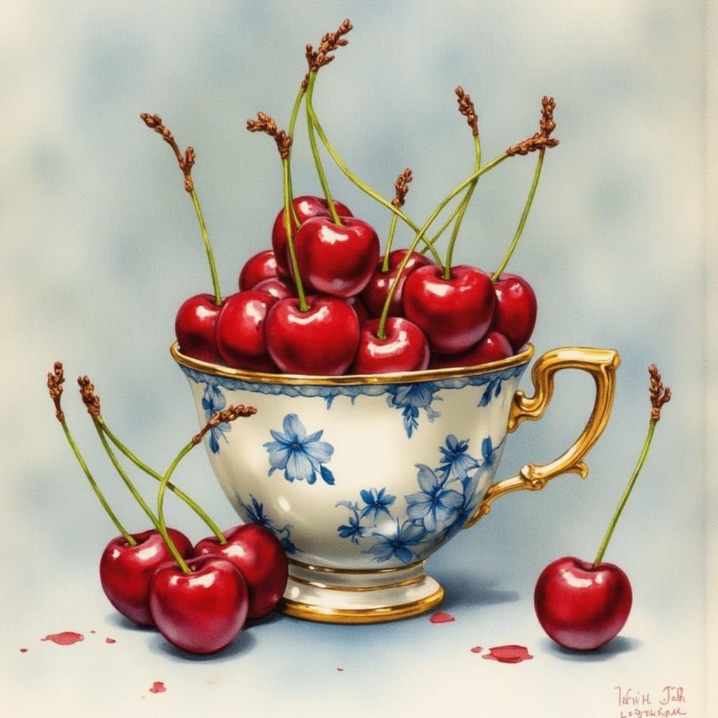 Ethereal Watercolor Painting of Cherries in Vintage Japanese...