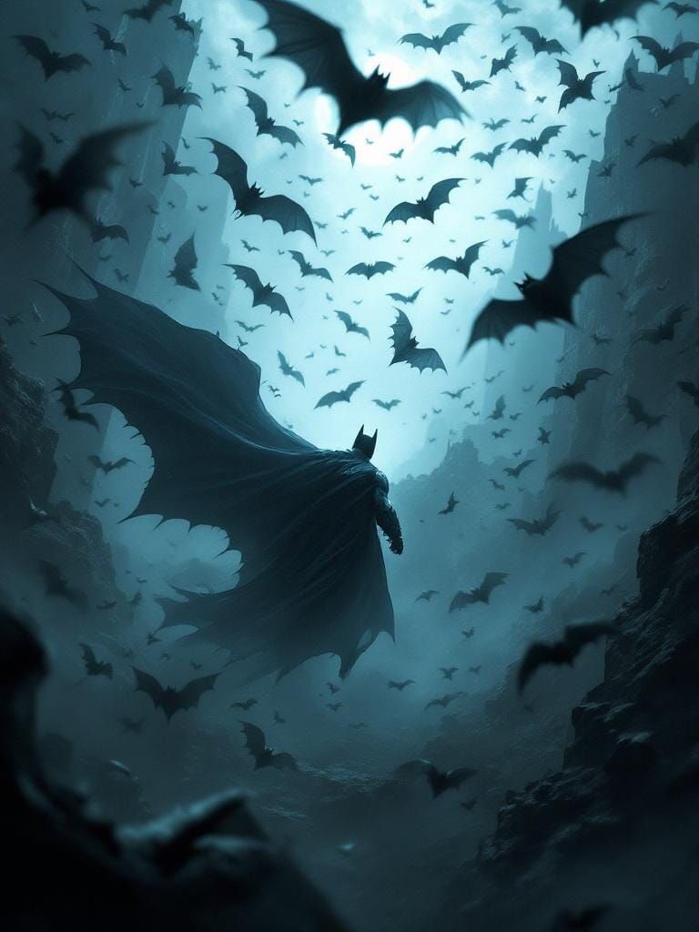 Batman Surrounded by Bats in Dark Surreal Scene