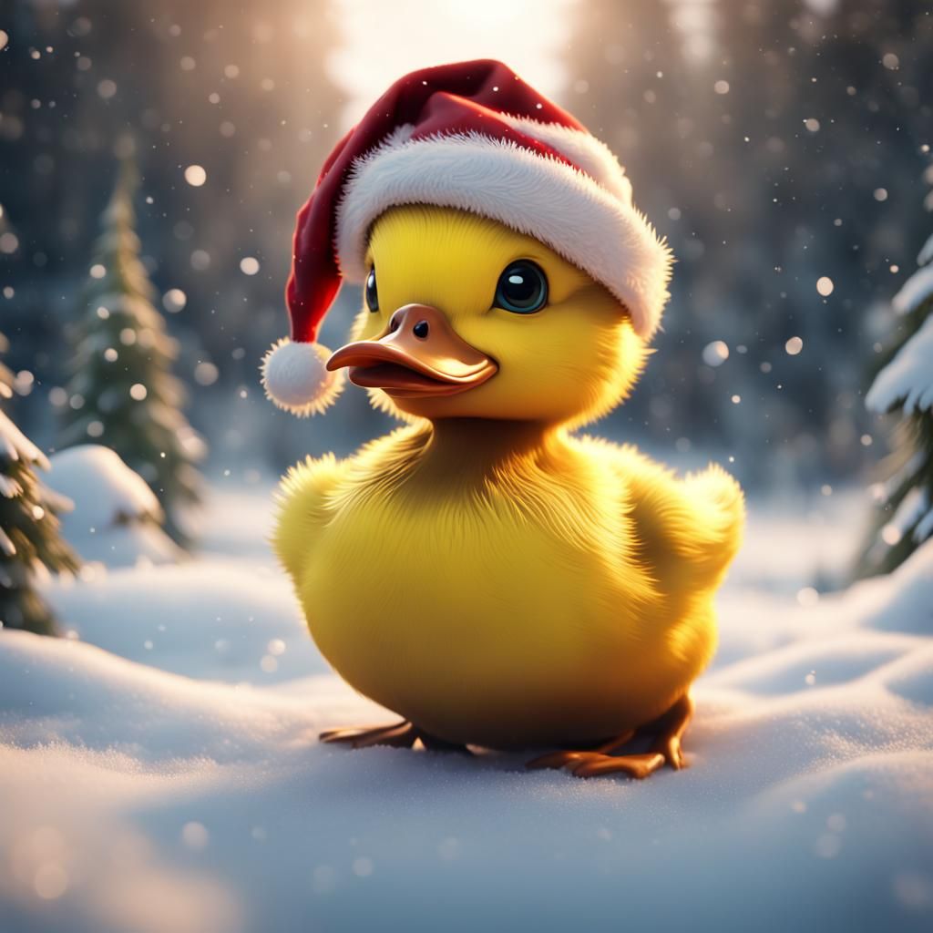 Festive Duckling in Snow, Digital Art