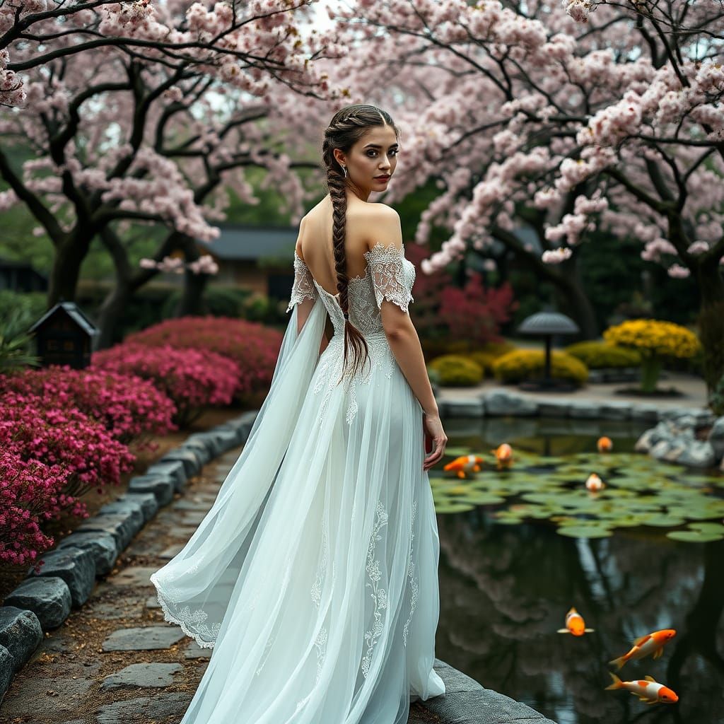 American Model in Japanese Garden, Photorealistic Style