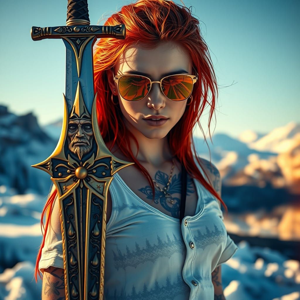 Surreal Red-Haired Warrior Confronts Elemental Ice Sword