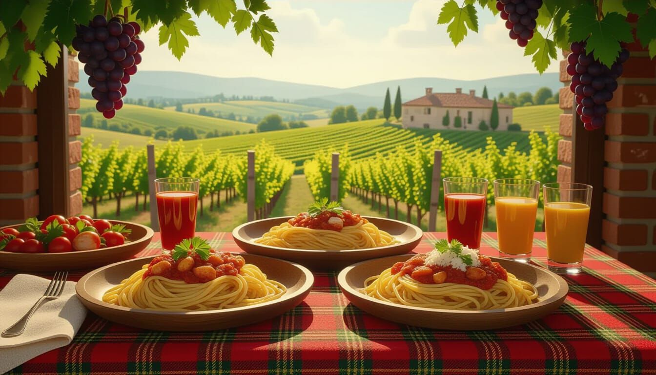 Gourmet Pasta Feast on Plaid Tablecloth Amidst Countryside