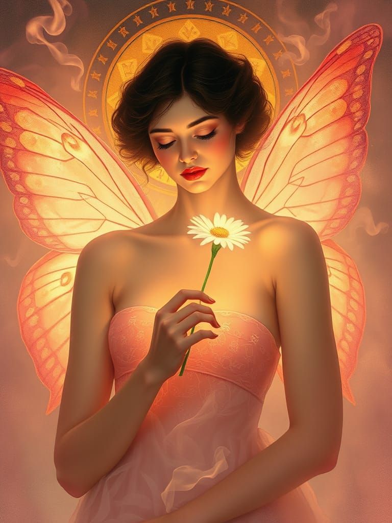 Ethereal Woman with Butterfly Wings and Glowing Flower
