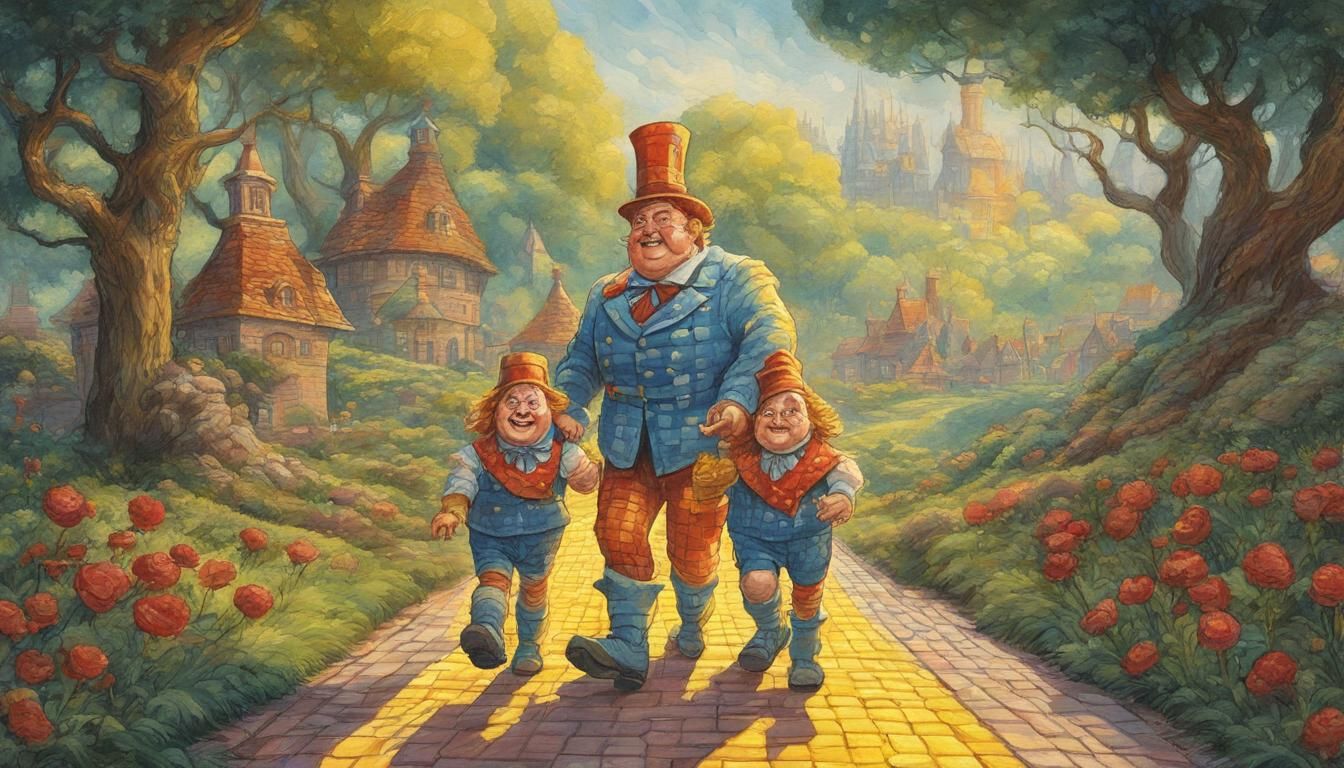 Tweedle Dee and Tweedle Dum walking with Dorothy along The Yellow Brick Road Mark Brooks and Dan Mumford, comic book art...