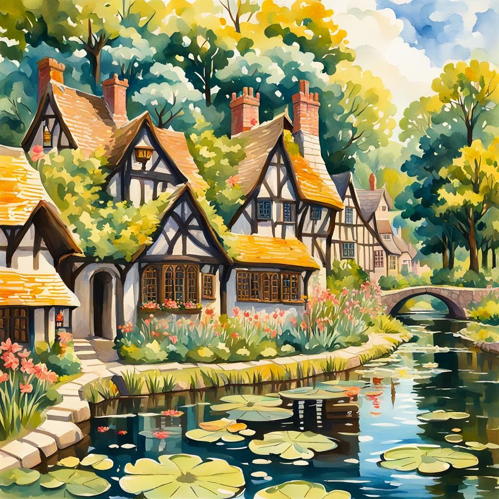 Gothic Cottagecore Village in Gouache Watercolor Style