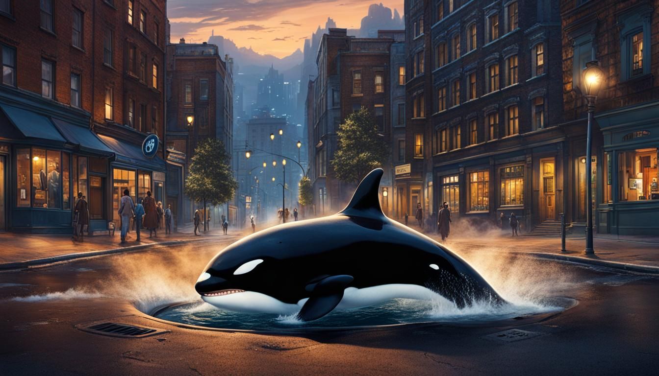 Orca Whale Emerges in Night City Street