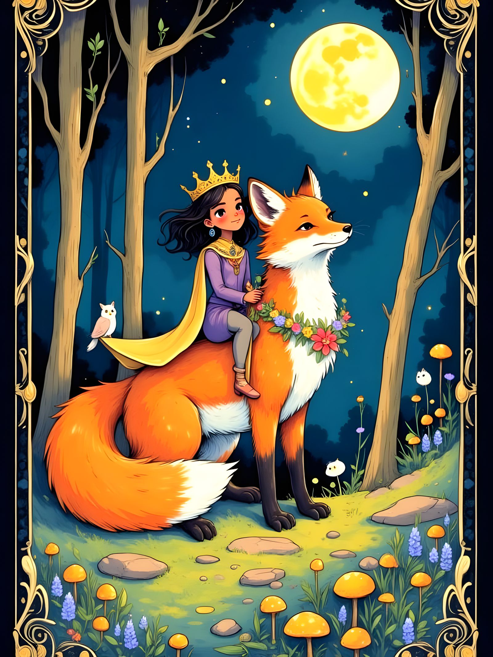 Black Queen Rides Giant Fox in Magical Forest