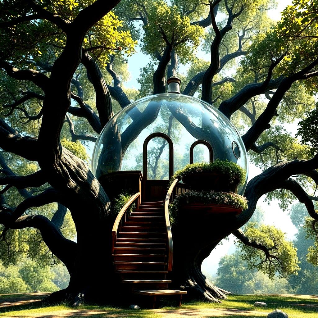Ethereal Glass Treehouse at Sunset