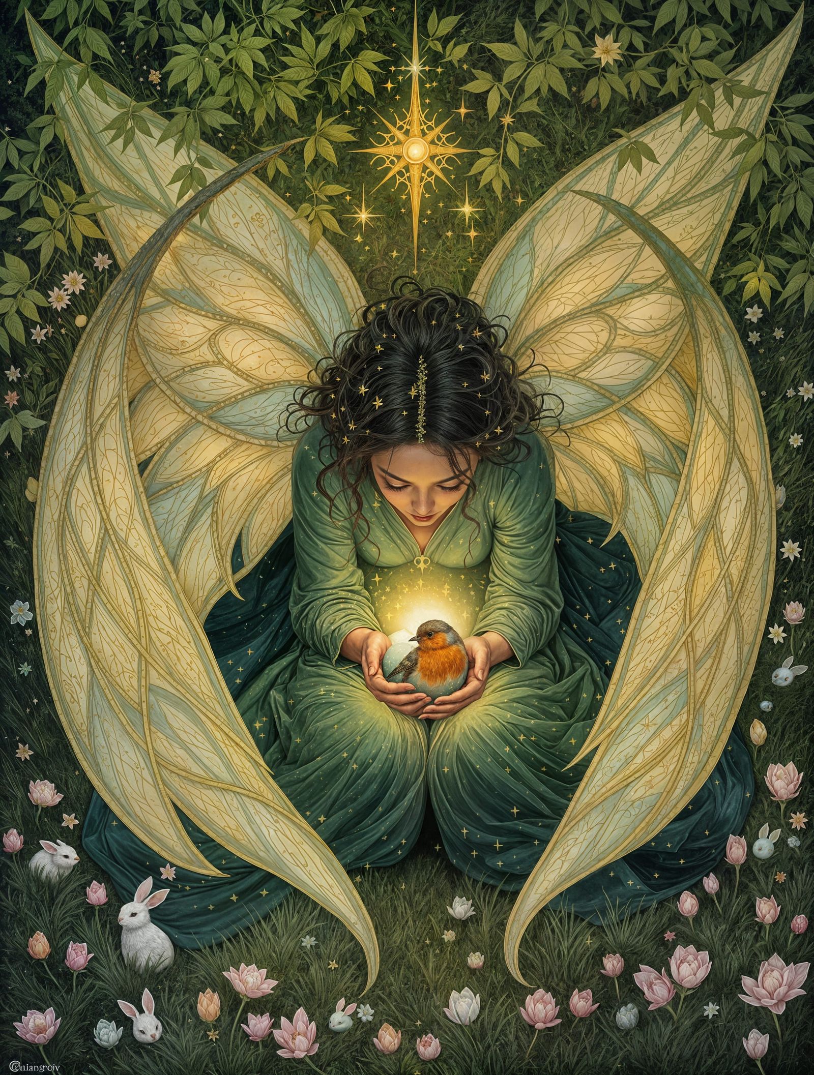 Enchanted Fairy Protects Injured Robin in Vibrant Spring Sce...