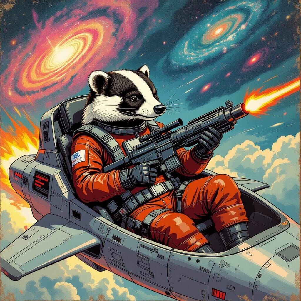Badger in Spacesuit Soaring Through Cosmic Storm