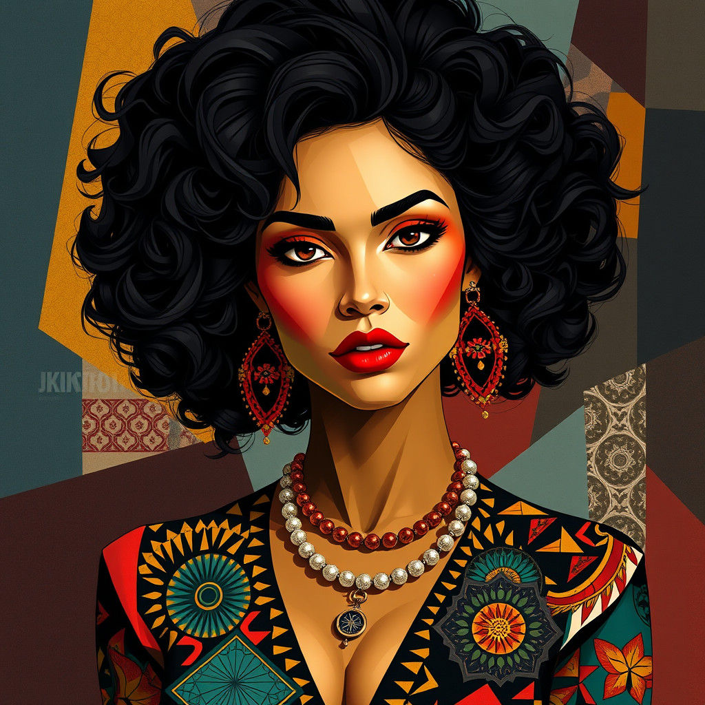 Vibrant Latina in Geometric Neo-Cubist Style