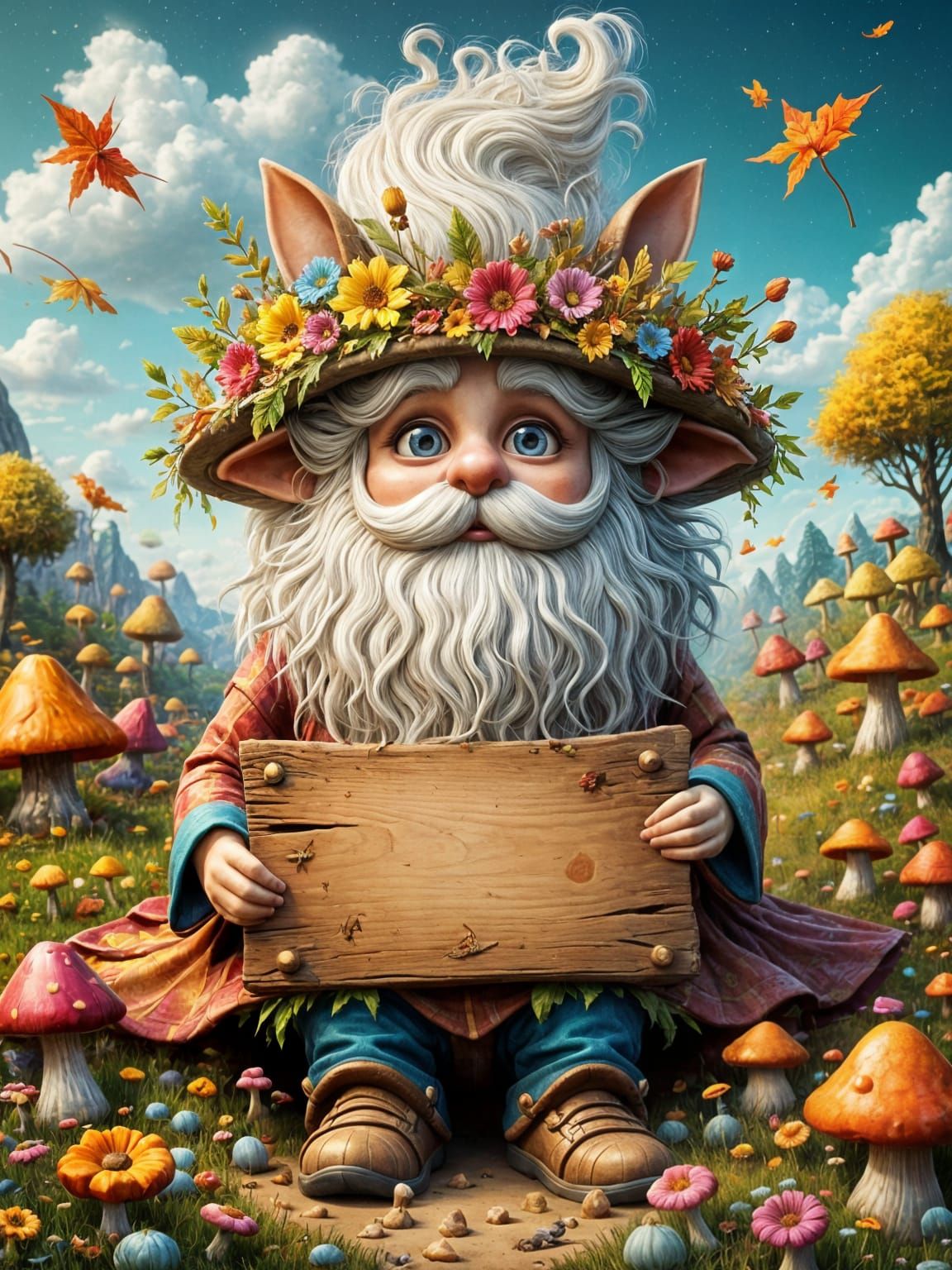 Whimsical Gnome Holding Flower Crown Sign in Fall Landscape