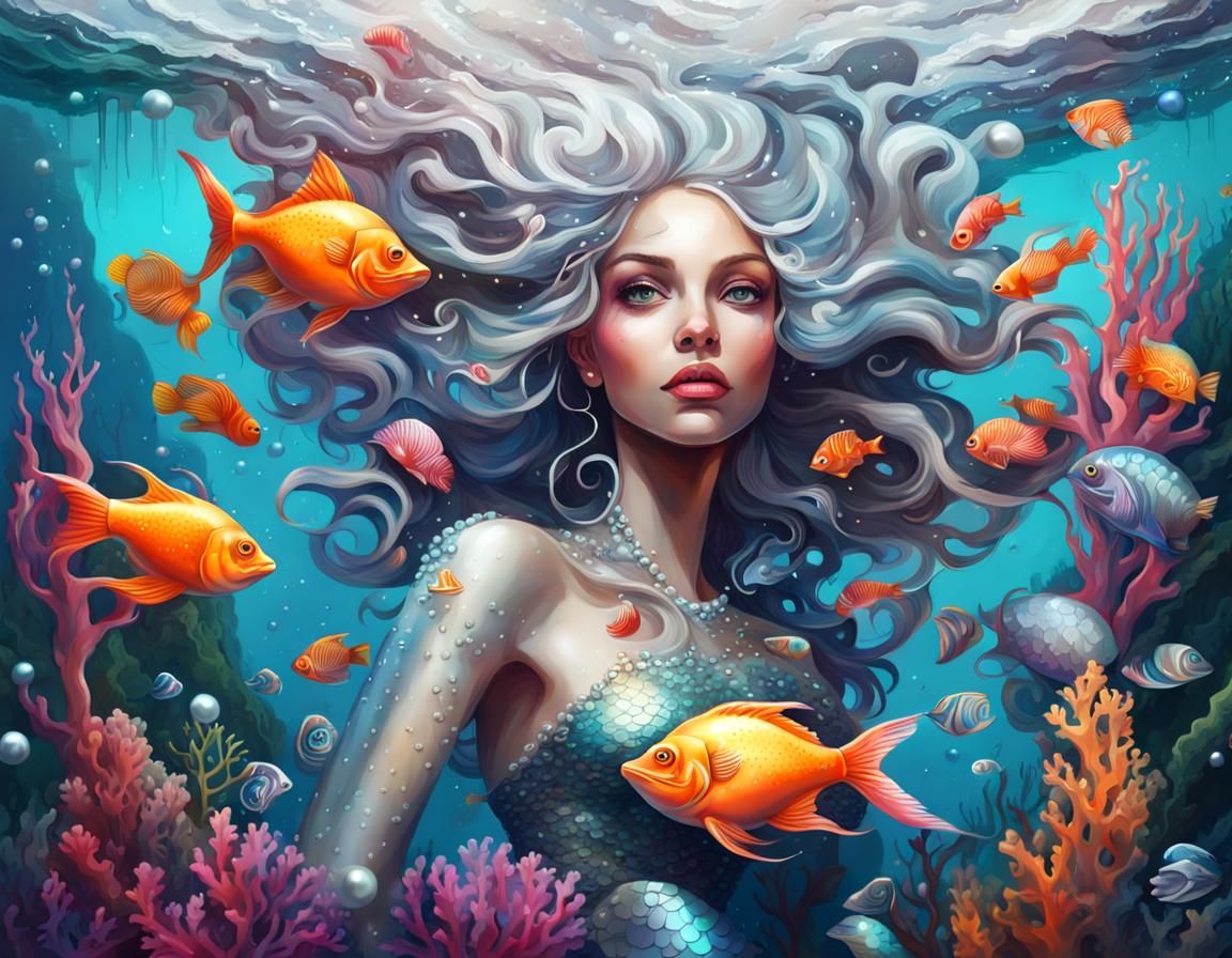 Silver Mermaid Underwater with Colorful Graffiti Art