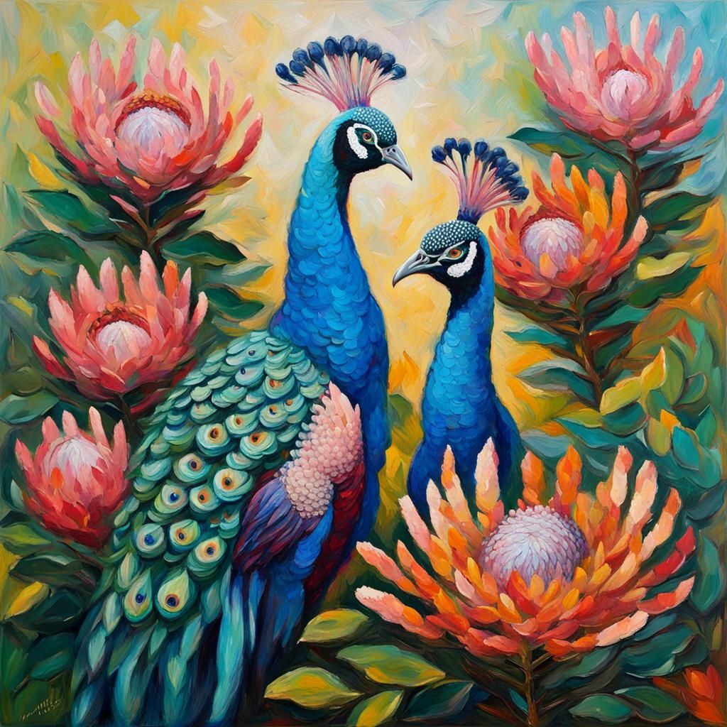 Protea Flowers and Peacocks: Neo-Impressionist Oil Painting
