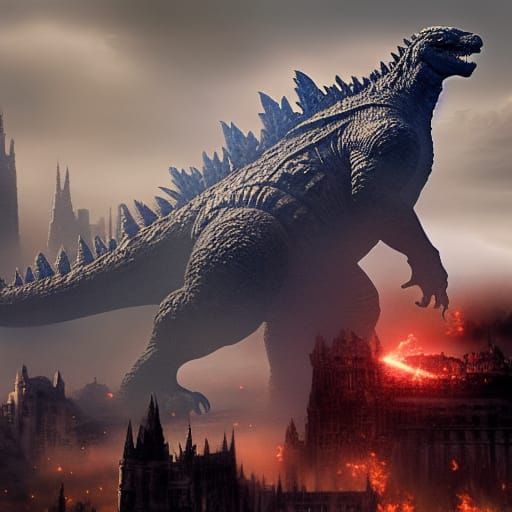 Godzilla vs Dragons in Medieval Castle, Dark Fantasy