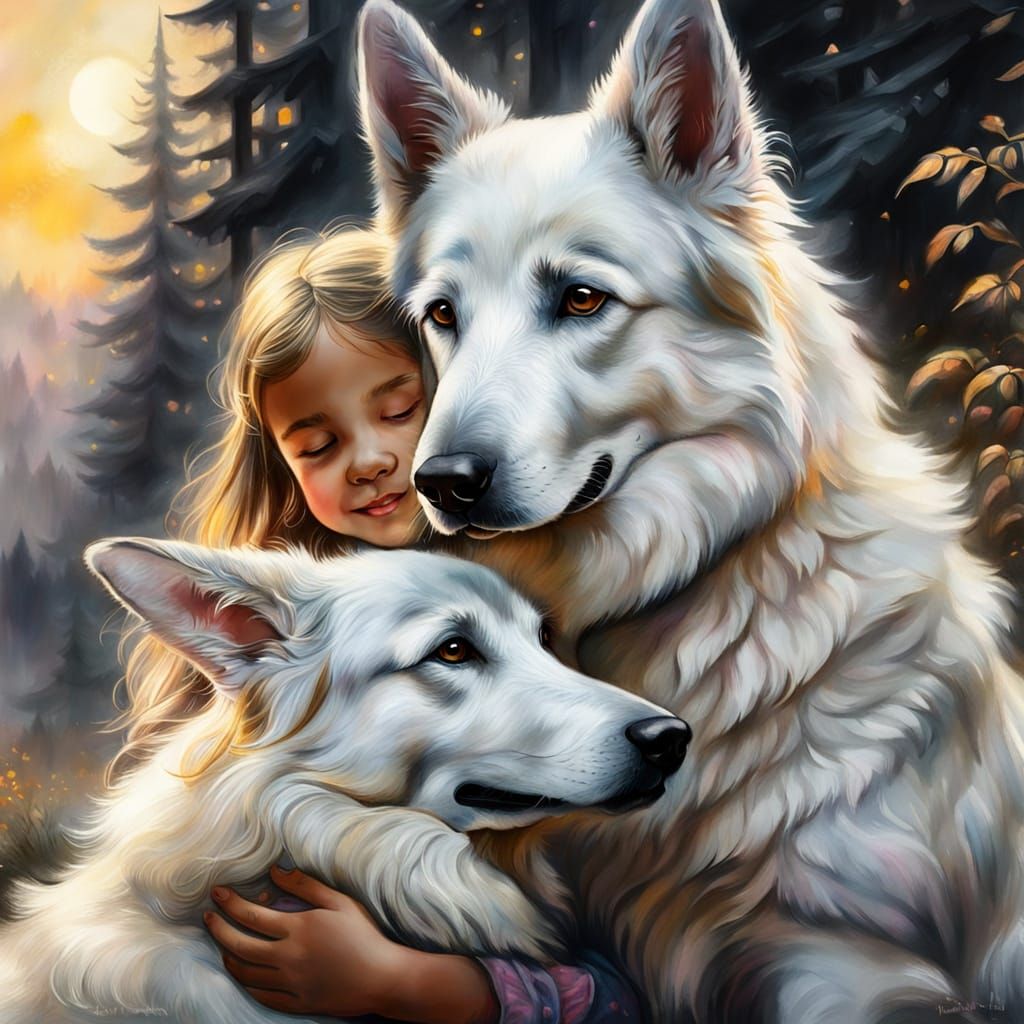 Swiss Shepherd Hugs Girl: Ethereal Gouache Fantasy