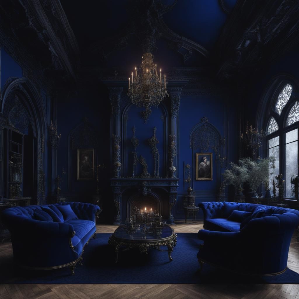 Elegant ethereal gothic living room with cobalt blue walls a...