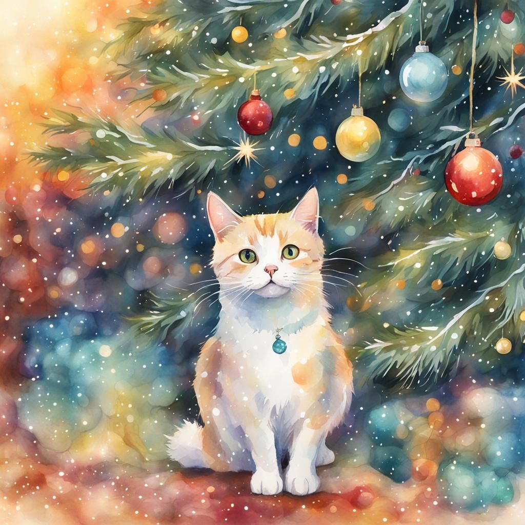 Whimsical Christmas Cat Peeks from Tree