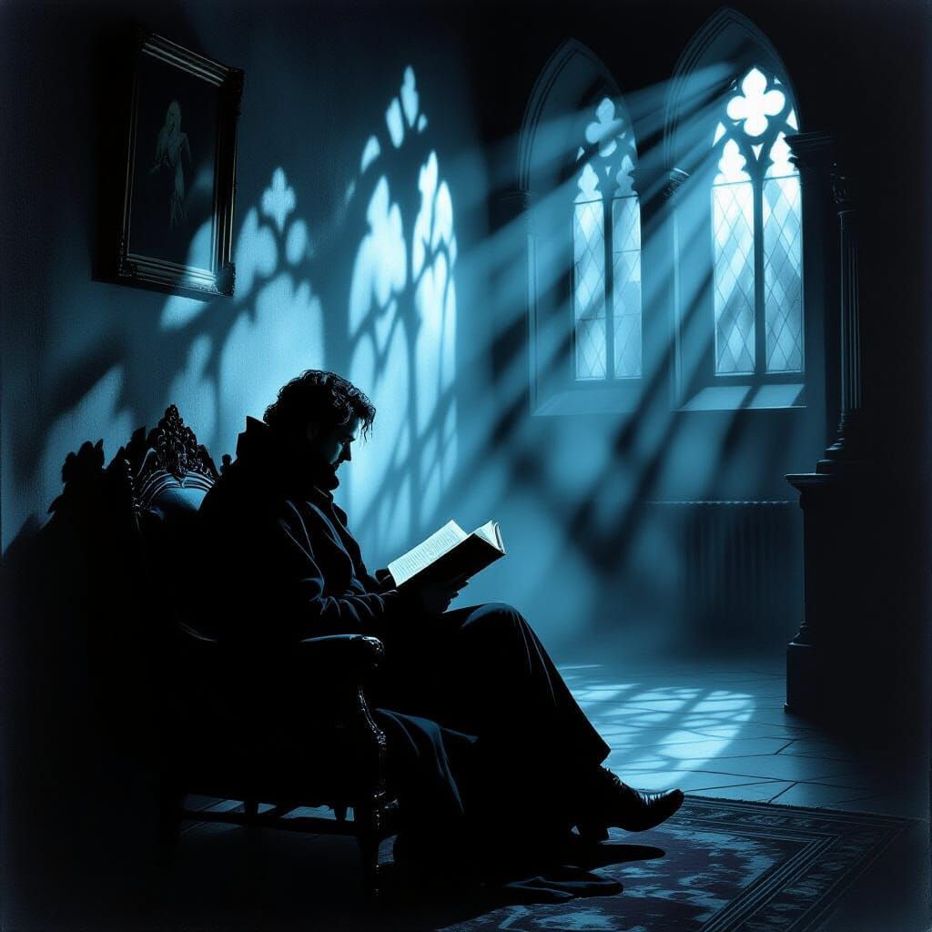 Eerie Gothic Room: A Man Reads in Shadow