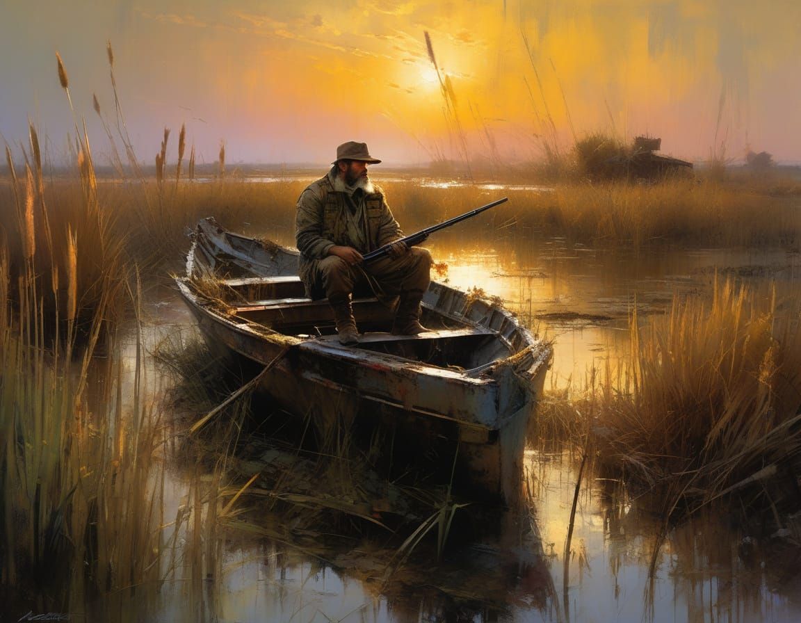 Surreal Duck Hunter Reflects in Sunset Golden Light