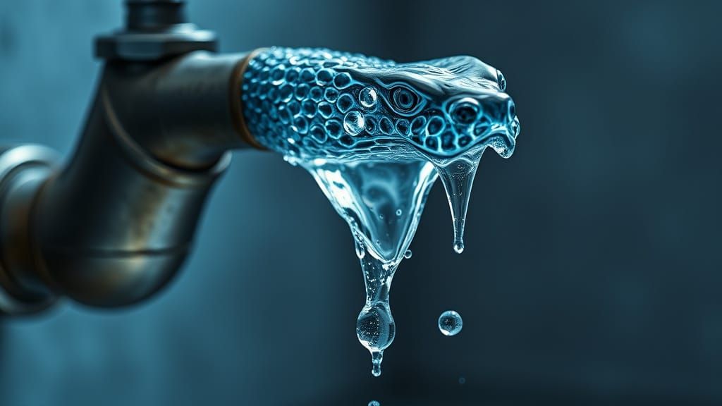 Surreal Liquid Serpent Emerges from Faucet in Hypnotic Scene