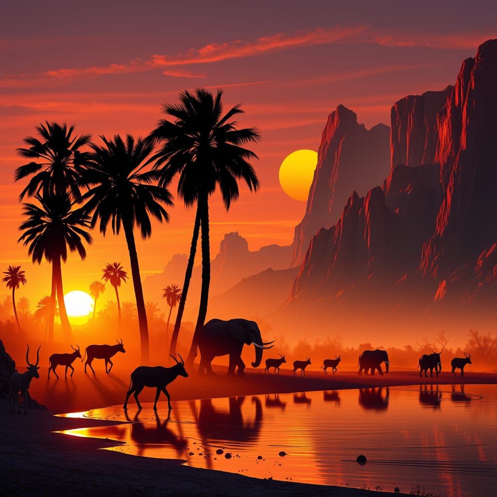 Majestic Desert Oasis Silhouettes at Dusk