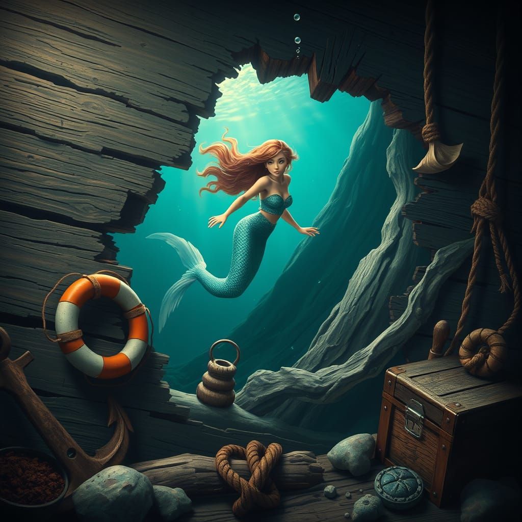 Underwater Mermaid Scene in a Shipwreck