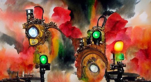 Steampunk Traffic Light in Watercolor Film Noir