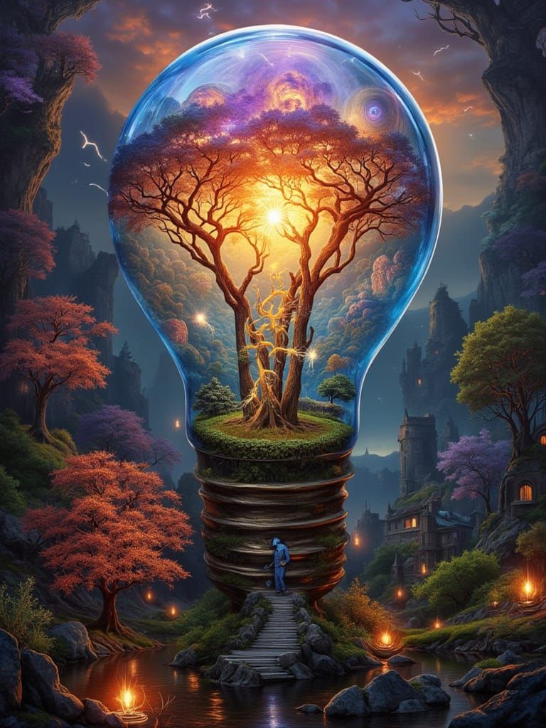 Man Holds Lightbulb With Sunset Garden Inside