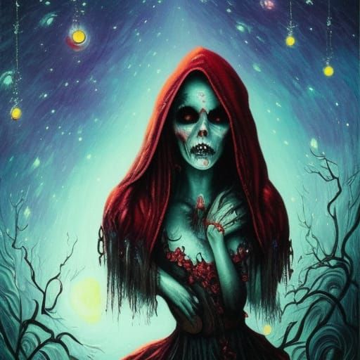 Zombie Girl in Red Hood: Macabre Vintage Portrait