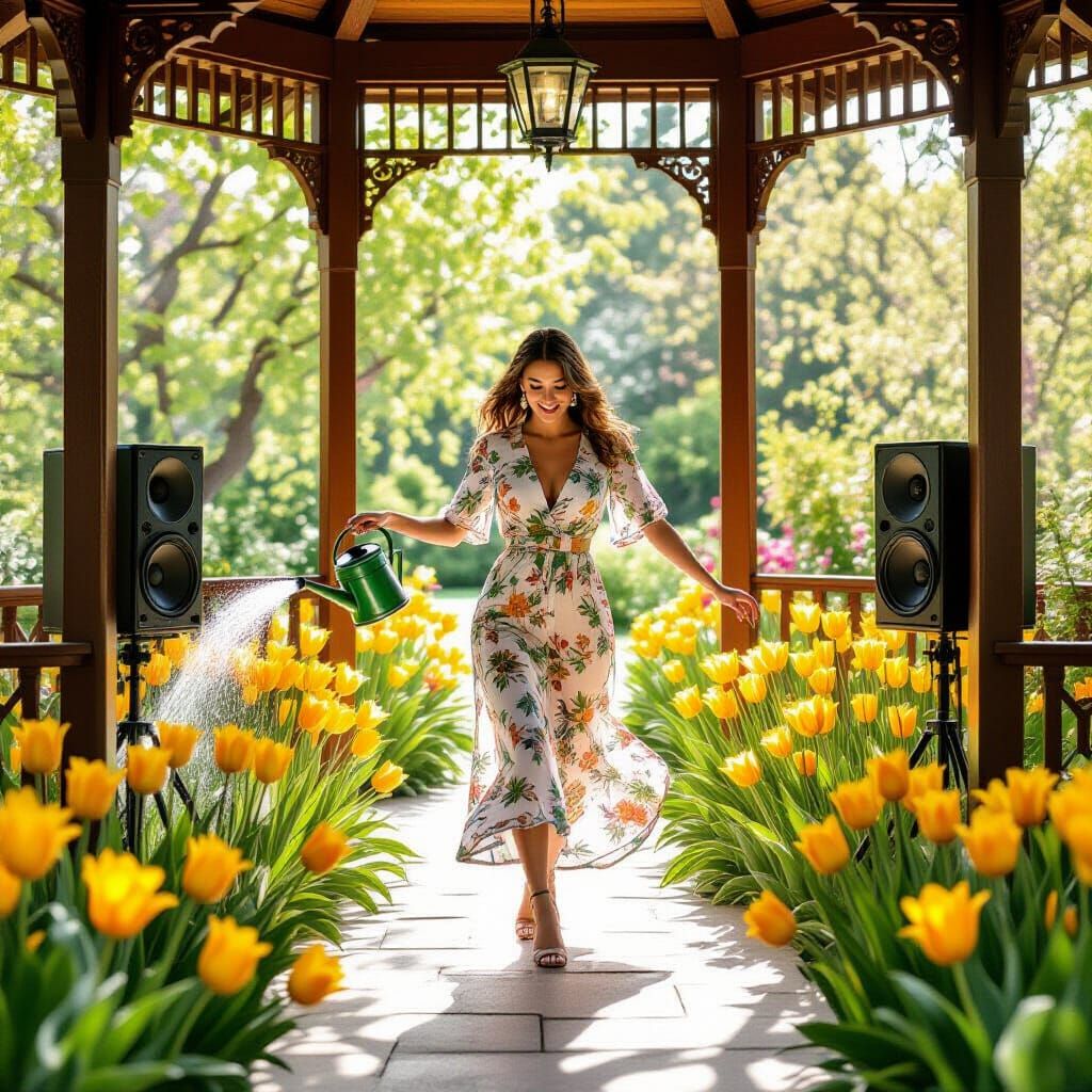 Woman Dancing in Spring Garden Pavilion
