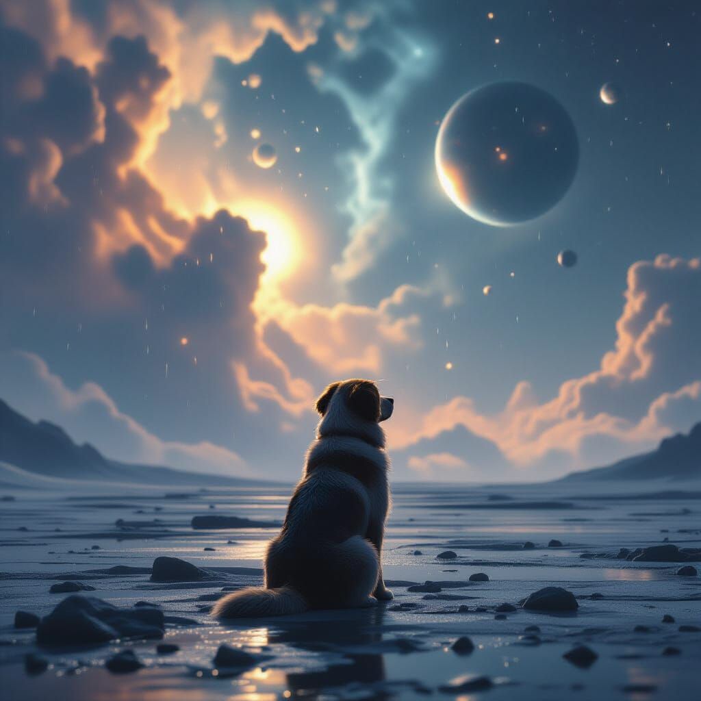 Melancholic Canine on Alien Planet Under Nebula Sky