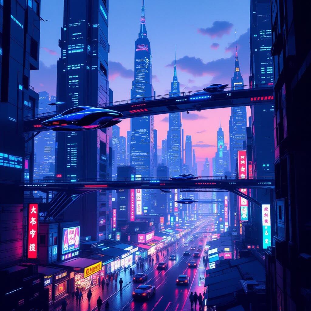 Futuristic Cityscape at Twilight with Sky-Bridges