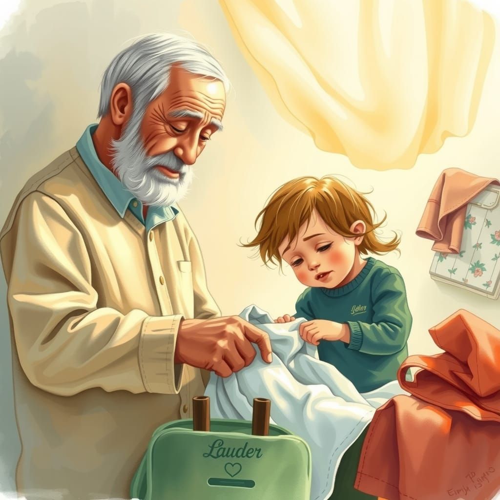 Heartwarming Scene of Grandparent Teaching Child to Fold Clo...