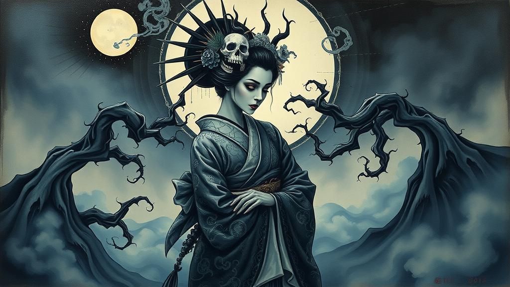 Eerie Geisha Embodies Darkness in Surreal Japanese Scene