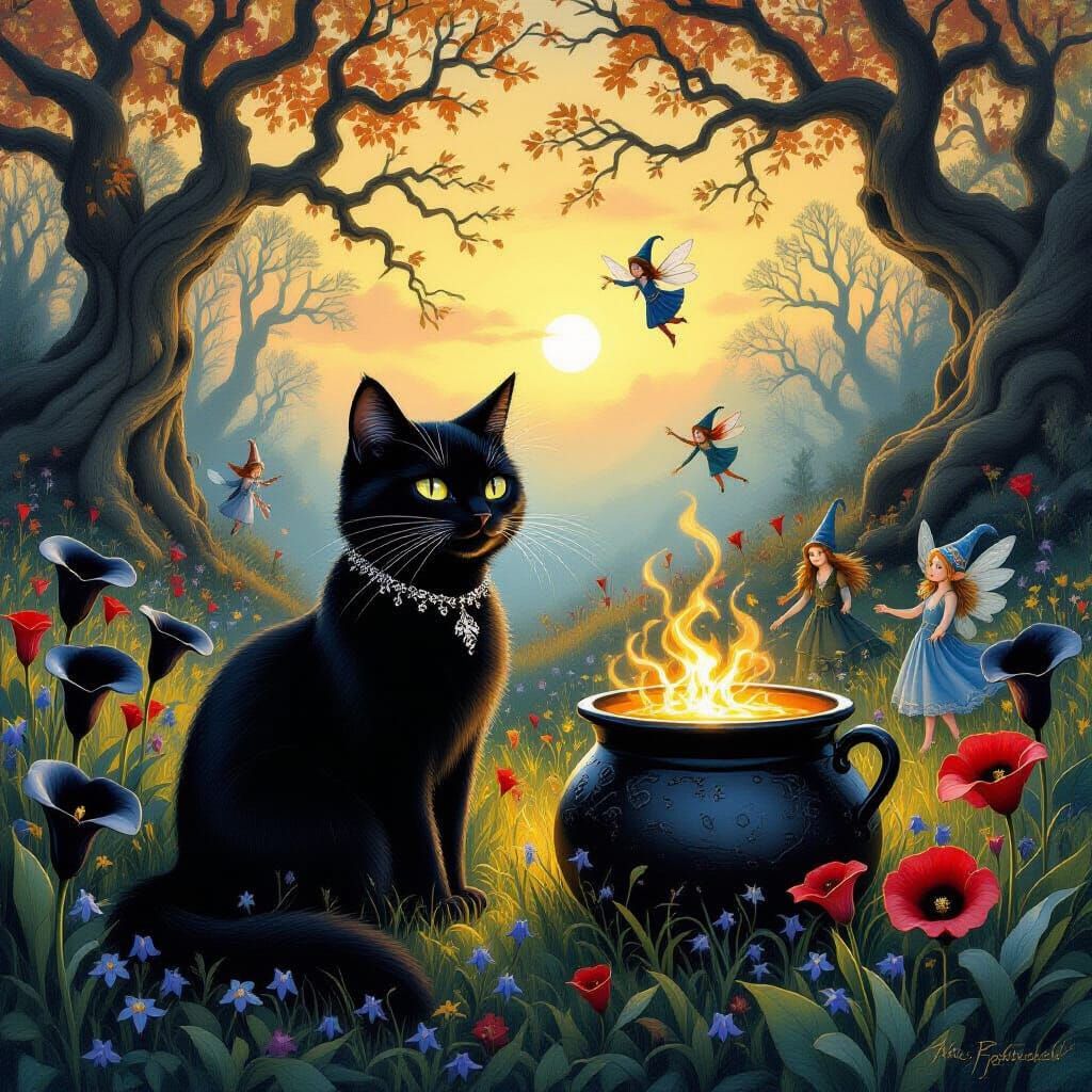 Mystical Black Cat in Enchanted Meadow, Fantasy Art