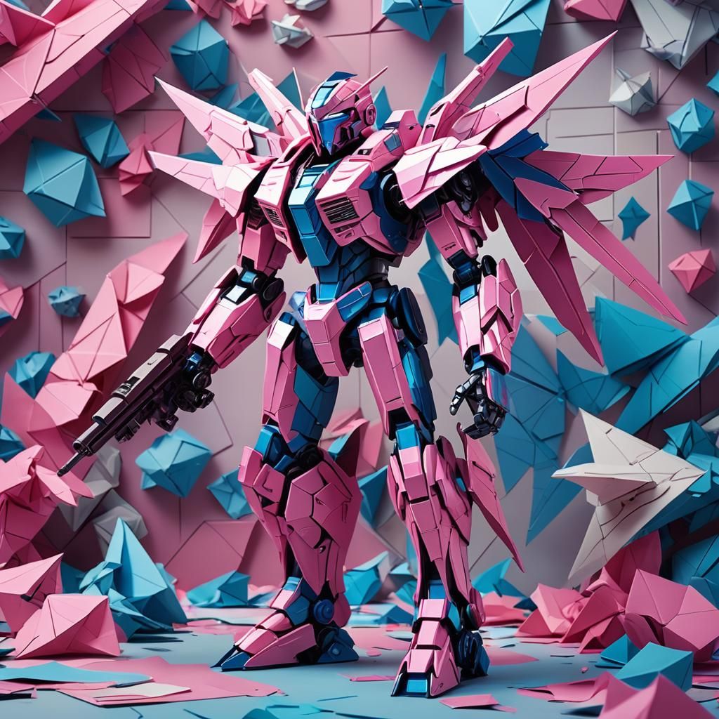 Futuristic Mech Pilot Amidst Origami Paper Folds