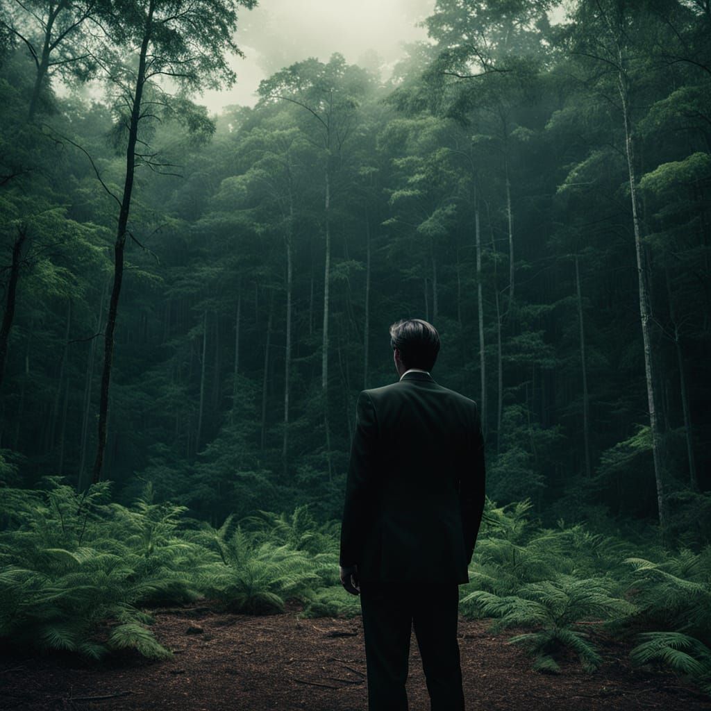 Man in Black Suit at Forest Edge: Cinematic Film Still