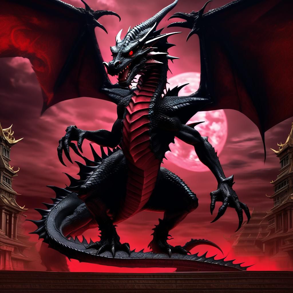 Sinister Red-Eyes Black Dragon in Dark Fantasy Style