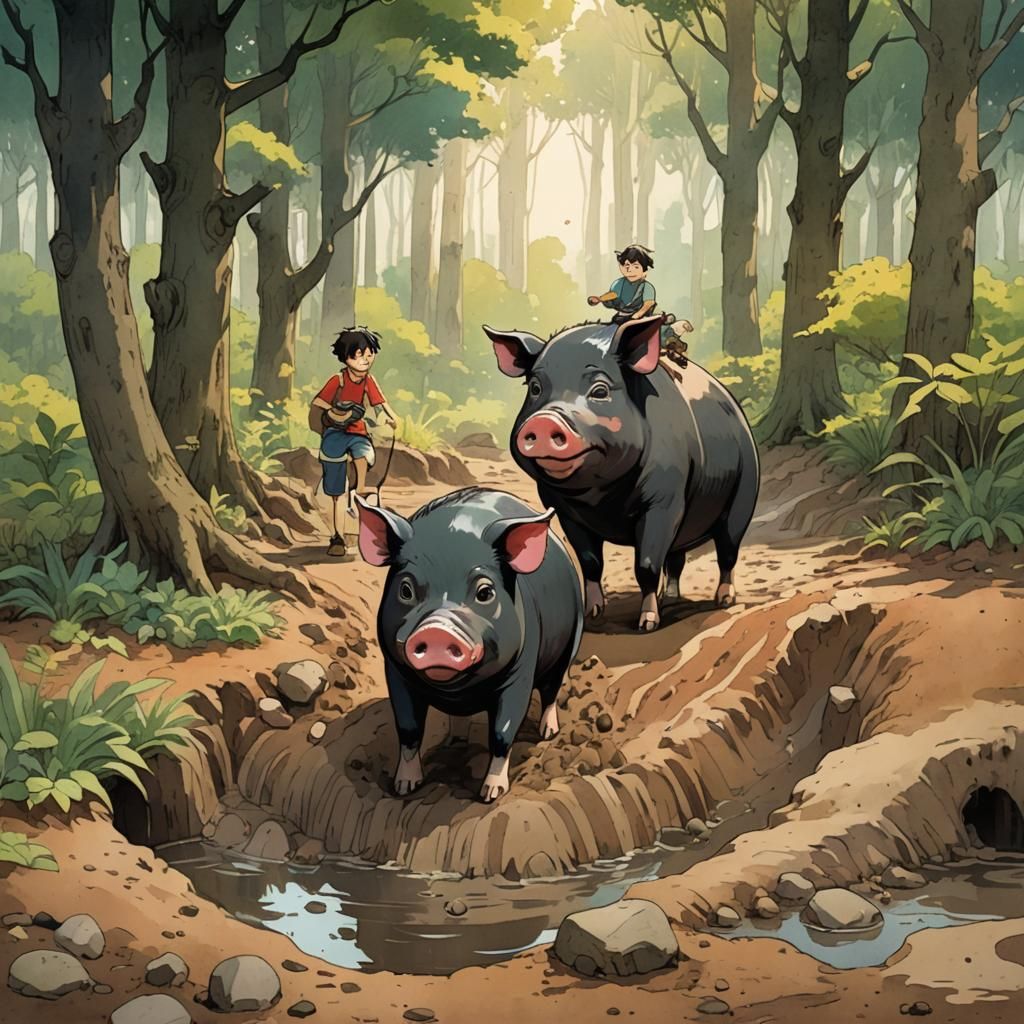 Cartoon Pigs in Mud Pit: Studio Ghibli Style