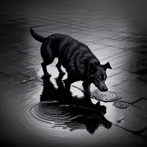 pencil photorealistic image of a dog in a puddle