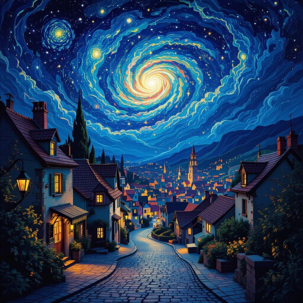 Van Gogh Style Town Under Cosmic Universe